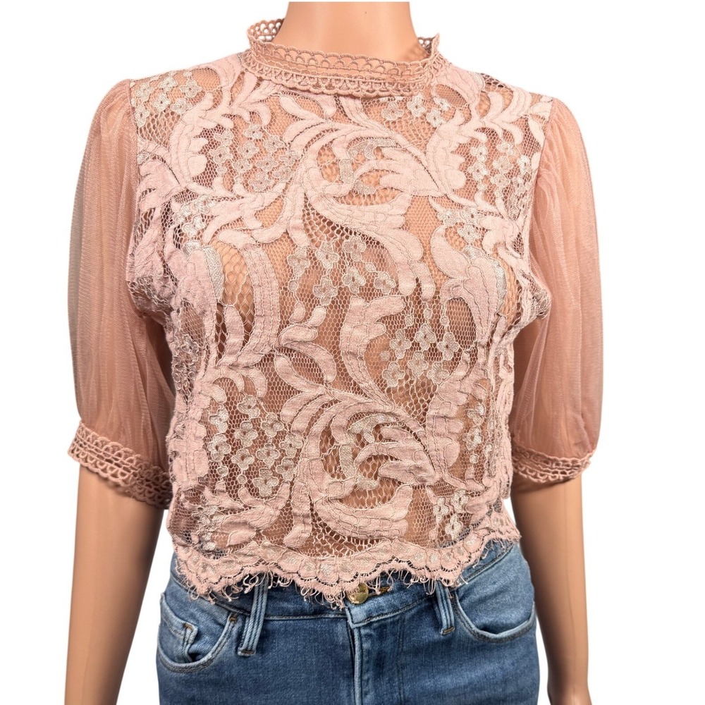 Peach Pink Lace Mesh Puff Sleeve Mock Neck Top CT6085R Blush Rose Medium‎